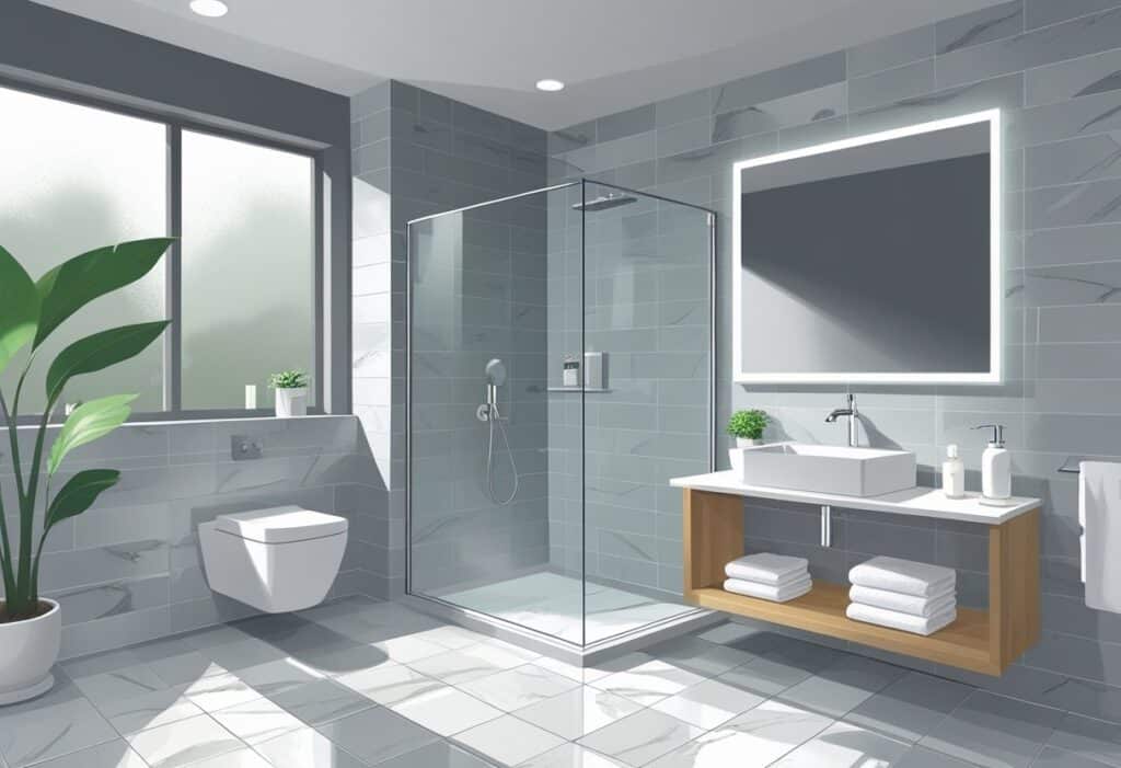 Banheiro moderno com porcelanato no chão e nas paredes, pia branca, espelho grande e área de chuveiro com vidro.