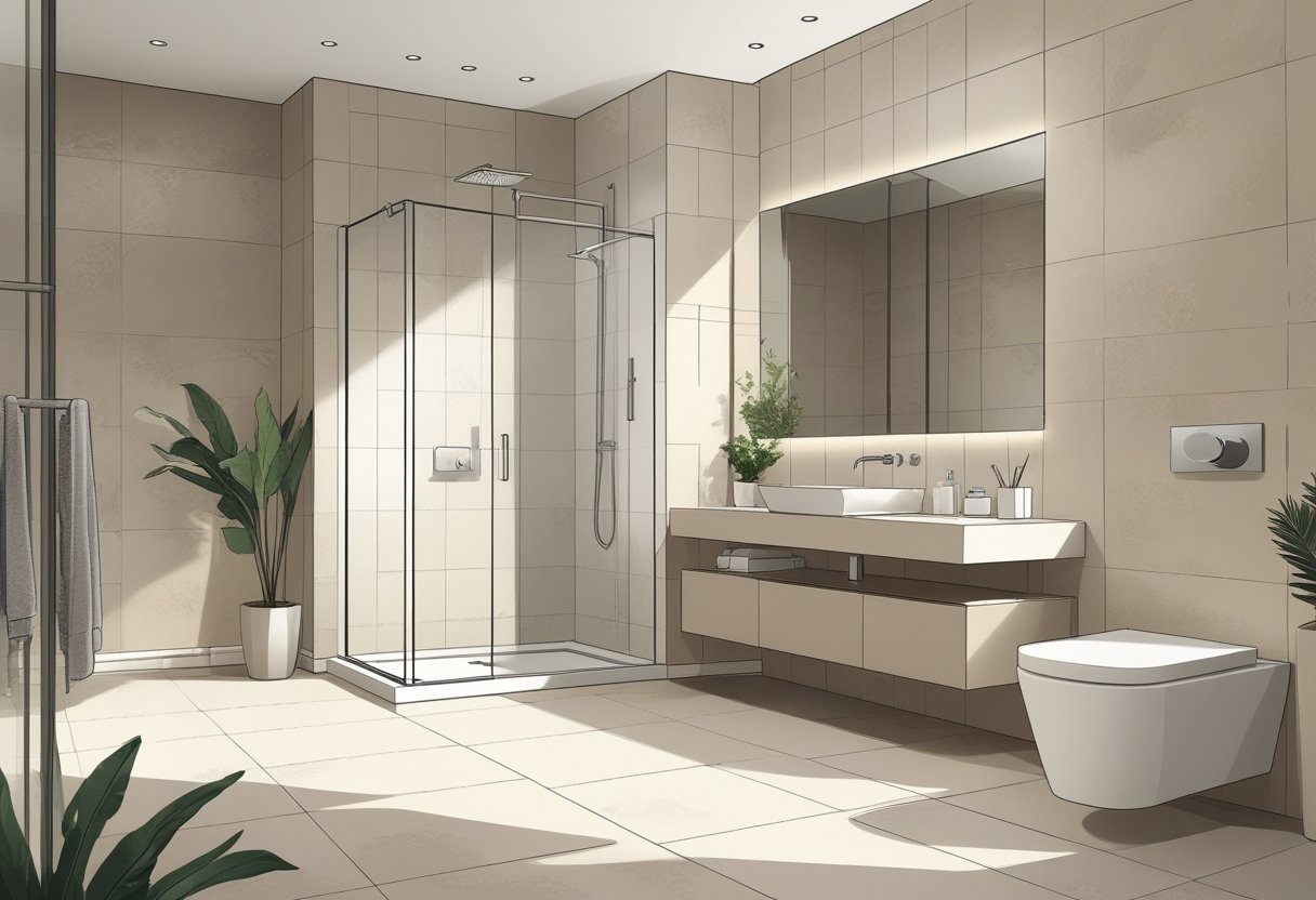 Banheiro moderno com porcelanato aplicado no chão e nas paredes, incluindo área de chuveiro com portas de vidro, pia com espelho, plantas pequenas e itens organizados.