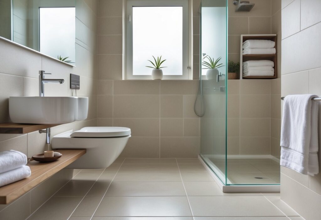 Banheiro moderno com piso e paredes revestidos de porcelanato, pia branca, box de vidro e planta decorativa.