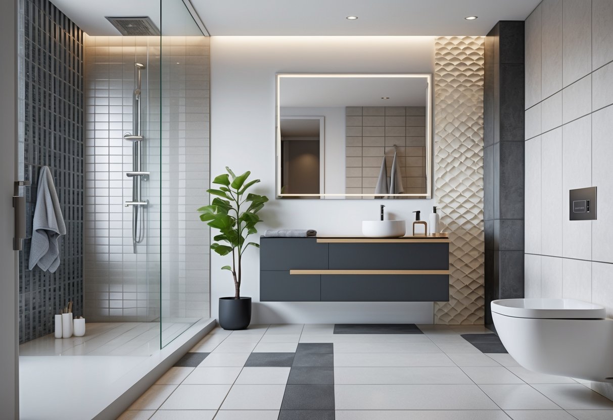 Banheiro moderno com diferentes tipos de porcelanato nas paredes e no chão, incluindo áreas de chuveiro e pia.