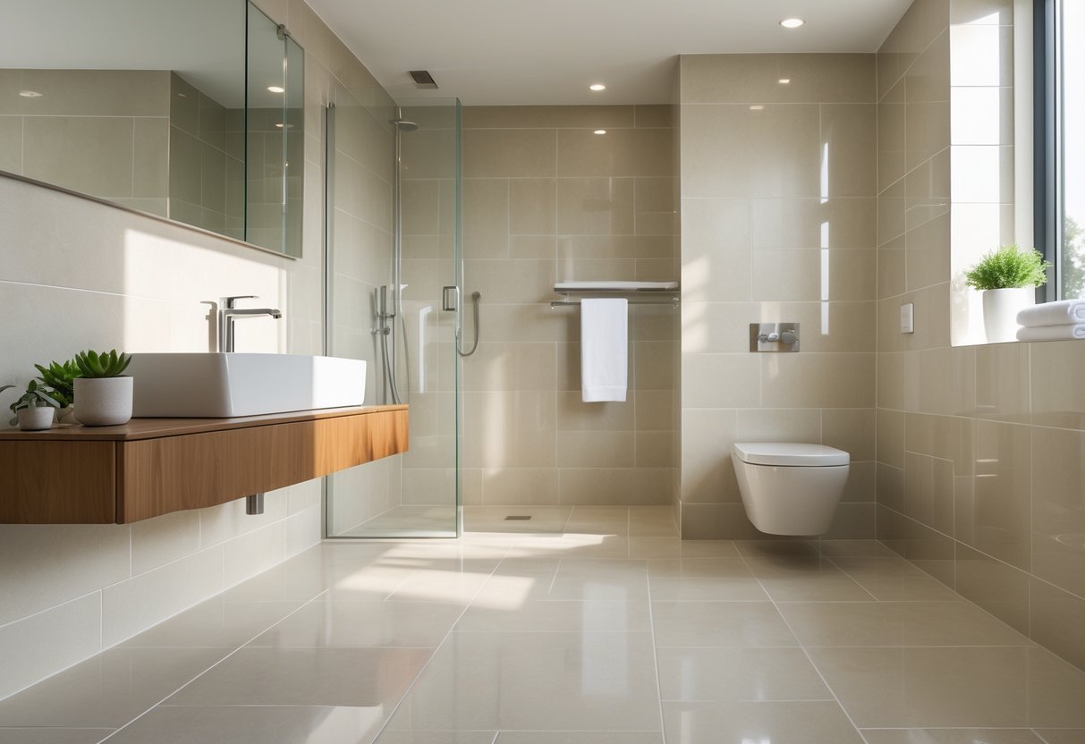 Banheiro moderno com porcelanato aplicado no piso e nas paredes, pia branca, box de vidro e planta decorativa.