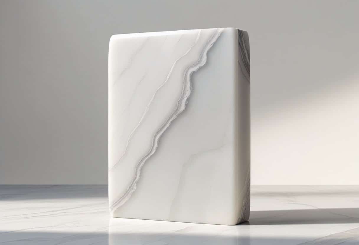 Uma pedra de ônix branco com acabamento acetinado, mostrando veios suaves em tons de cinza sobre uma superfície branca cremosa.