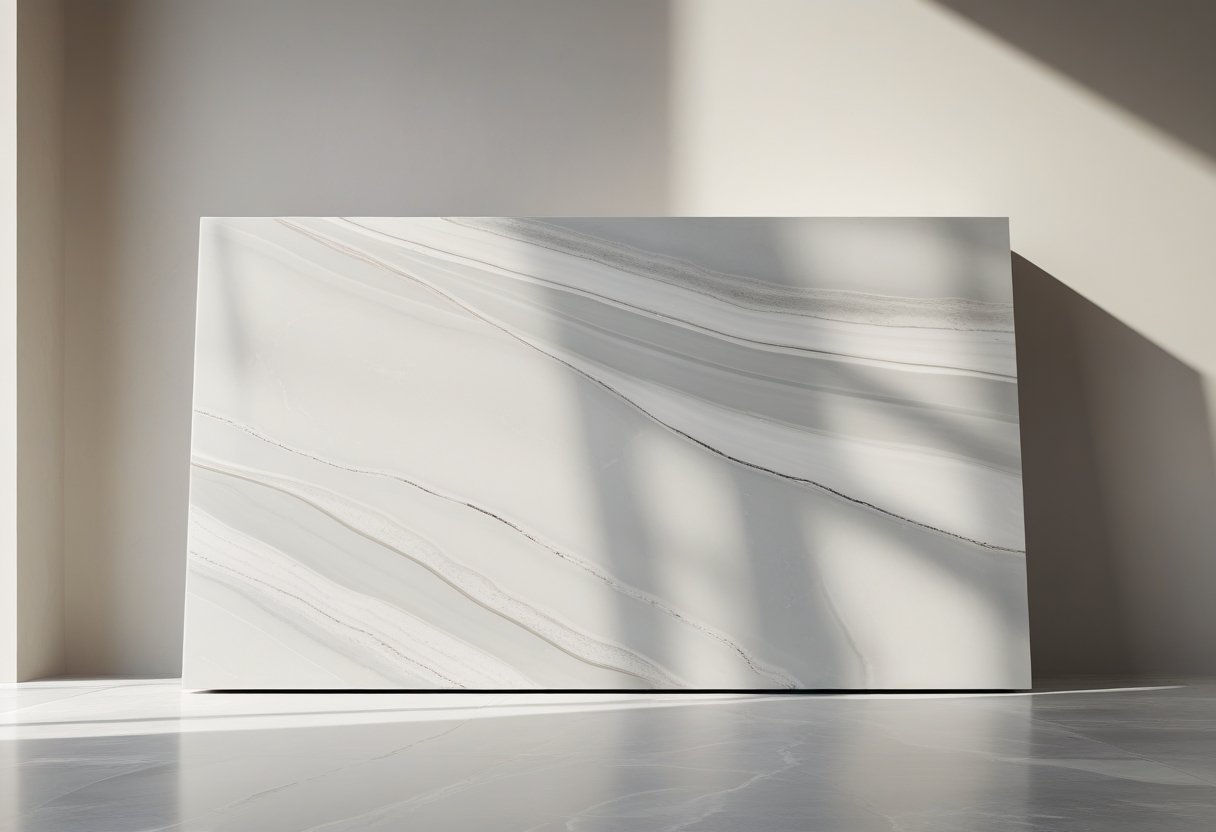 Uma ilustração de uma placa de pedra Onix Bianco Satin com superfície lisa e acabamento acetinado, exibindo veios sutis em tons de branco e cinza claro.