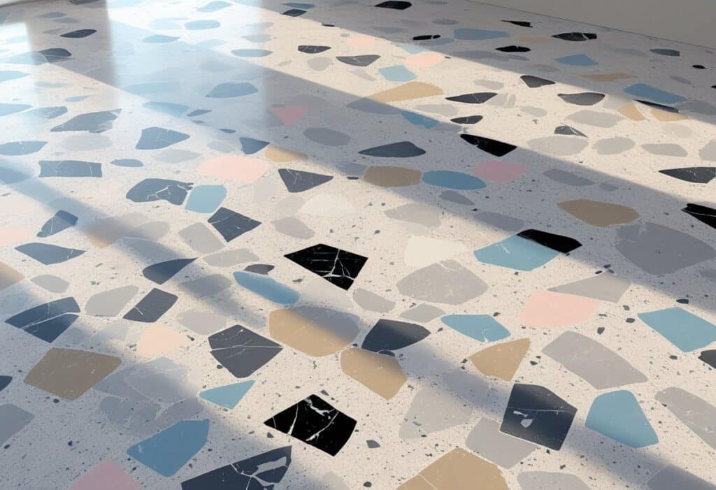 Superfície de porcelanato terrazzo com pedras coloridas embutidas em uma base clara, formando um padrão mosaico elegante e polido.