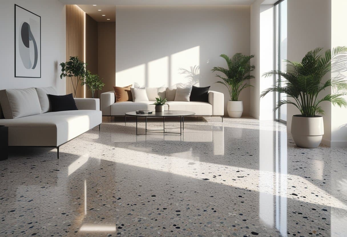 Espaço interior com piso de porcelanato terrazzo colorido e brilhante, mostrando diferentes padrões e tipos, com móveis modernos ao redor.