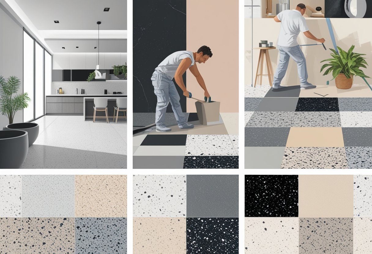Ilustração mostrando aplicações, cores variadas e instalação de porcelanato terrazzo em ambientes internos.