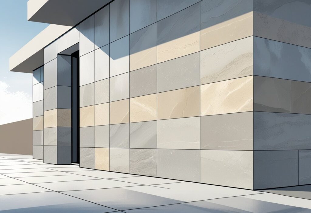 Fachada de muro revestida com porcelanato em tons claros, exibindo textura e linhas de rejunte bem definidas.