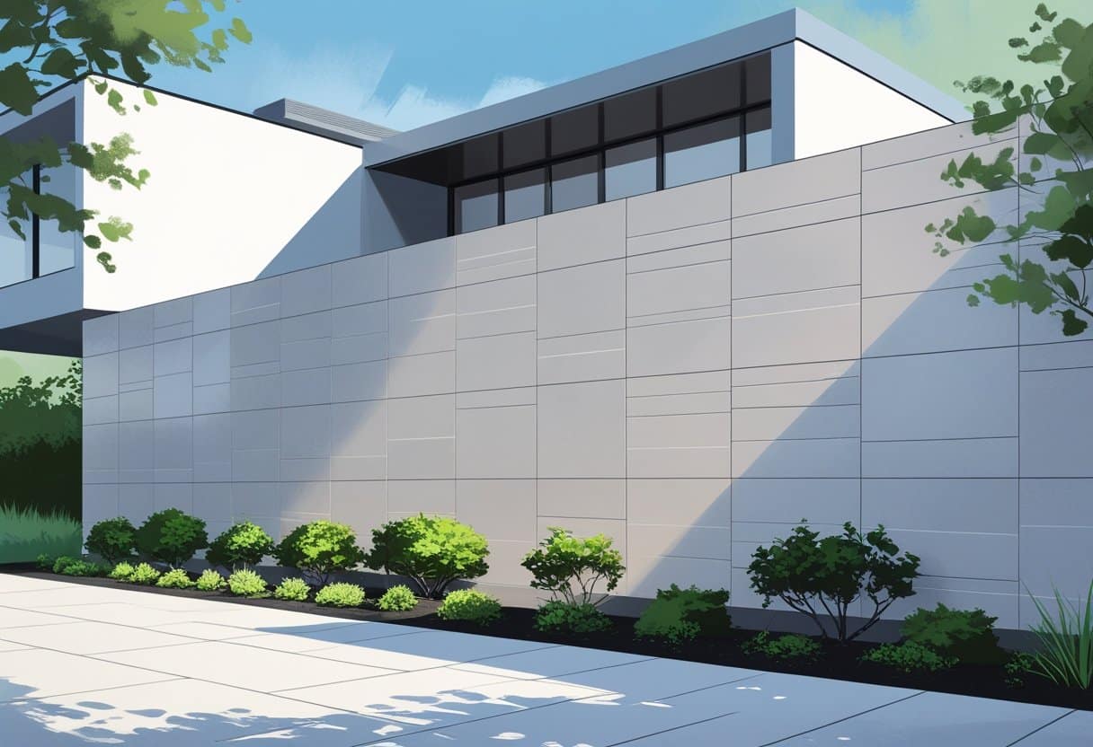 Fachada de muro de casa moderna com revestimento de porcelanato, jardim com plantas e céu azul ao fundo.