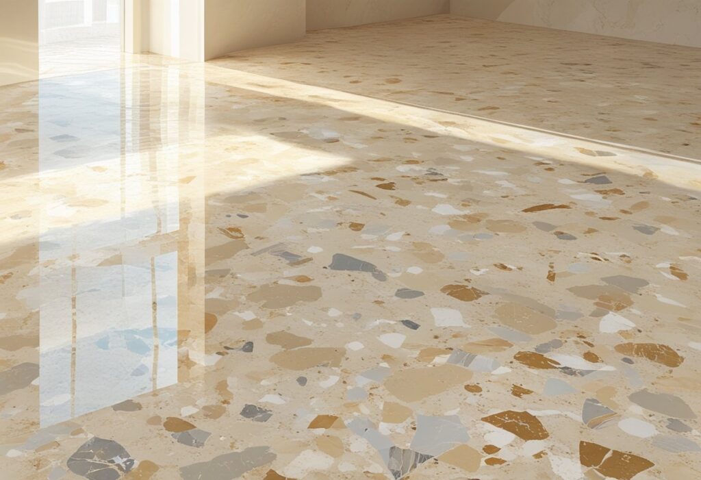 Piso de terrazzo veneziano avorio com base marfim e pequenas lascas de mármore em tons claros distribuídas uniformemente.