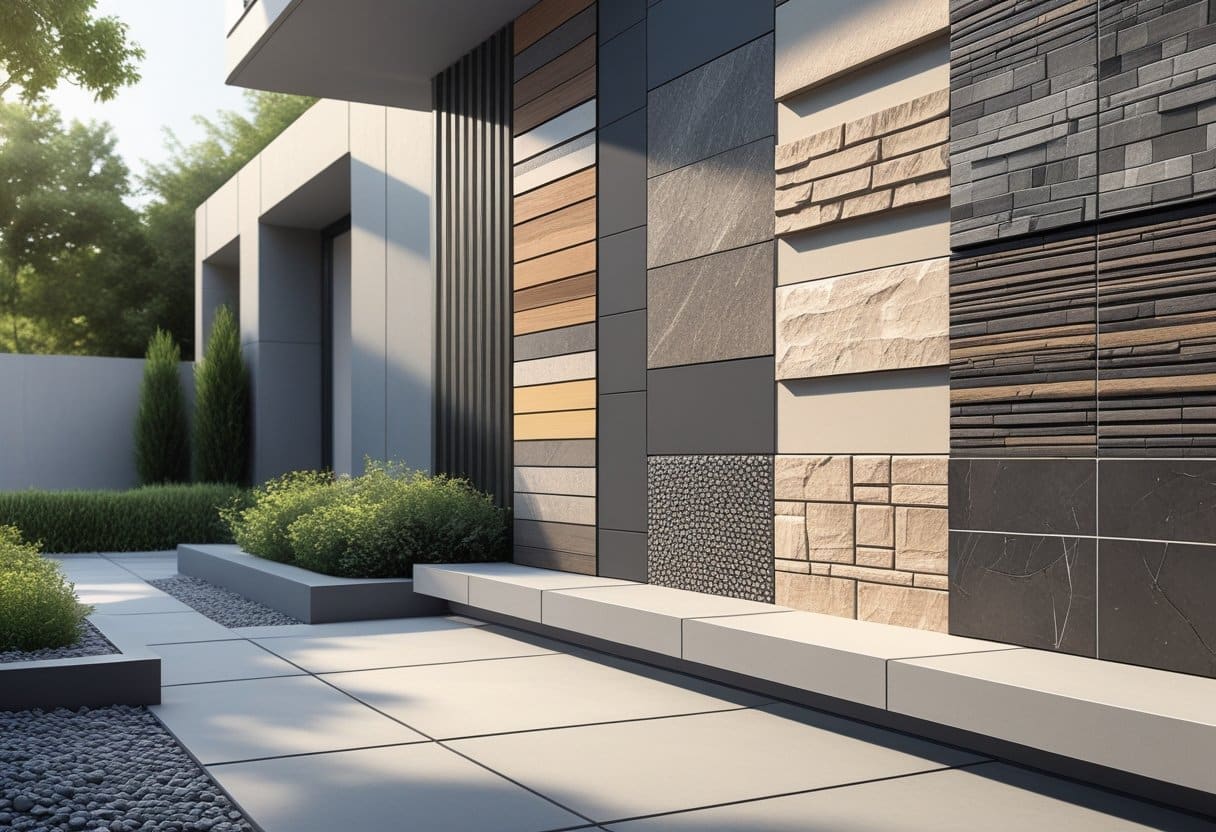 Ilustração de um muro externo dividido em seções com diferentes tipos de porcelanato, mostrando texturas e acabamentos variados.