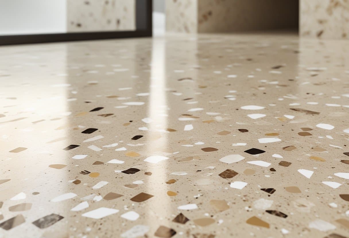 Vista aproximada de um piso de Terrazzo Veneziano Avorio mostrando sua superfície polida com base marfim e pequenas pedras claras embutidas.