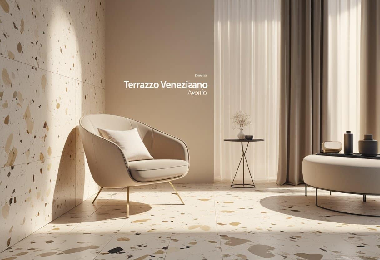 Canto de uma sala com piso e parede em terrazzo veneziano avorio, cadeira moderna com almofadas neutras, mesa lateral com objetos decorativos e cortina translúcida ao fundo.