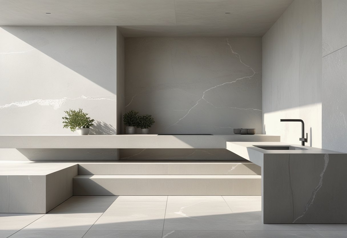 Interior minimalista com superfícies cinza claras e detalhes brancos, mostrando bancadas e pisos de cimento com textura suave.