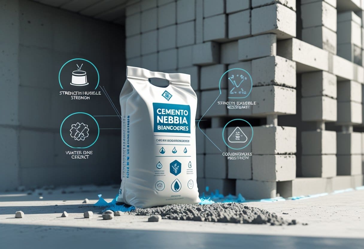 Ilustração de um ambiente de construção com um saco de cimento e ícones que representam força, durabilidade e resistência à água.