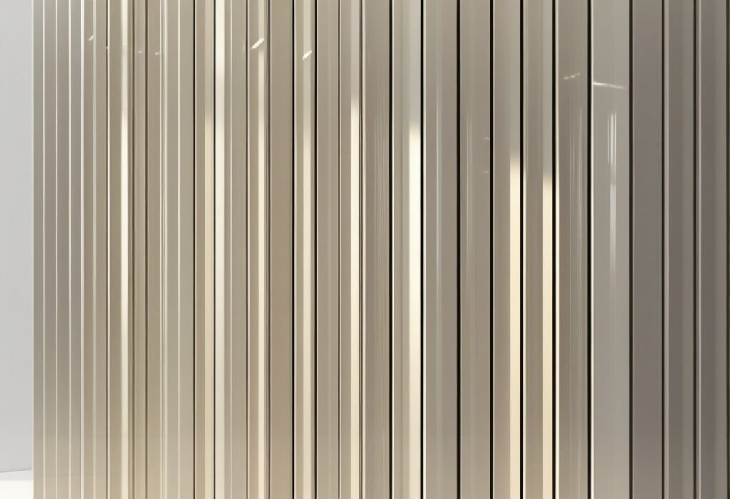 Parede interna revestida com ripado cerâmico em tons neutros, com iluminação que destaca as texturas e sombras entre as ripas.