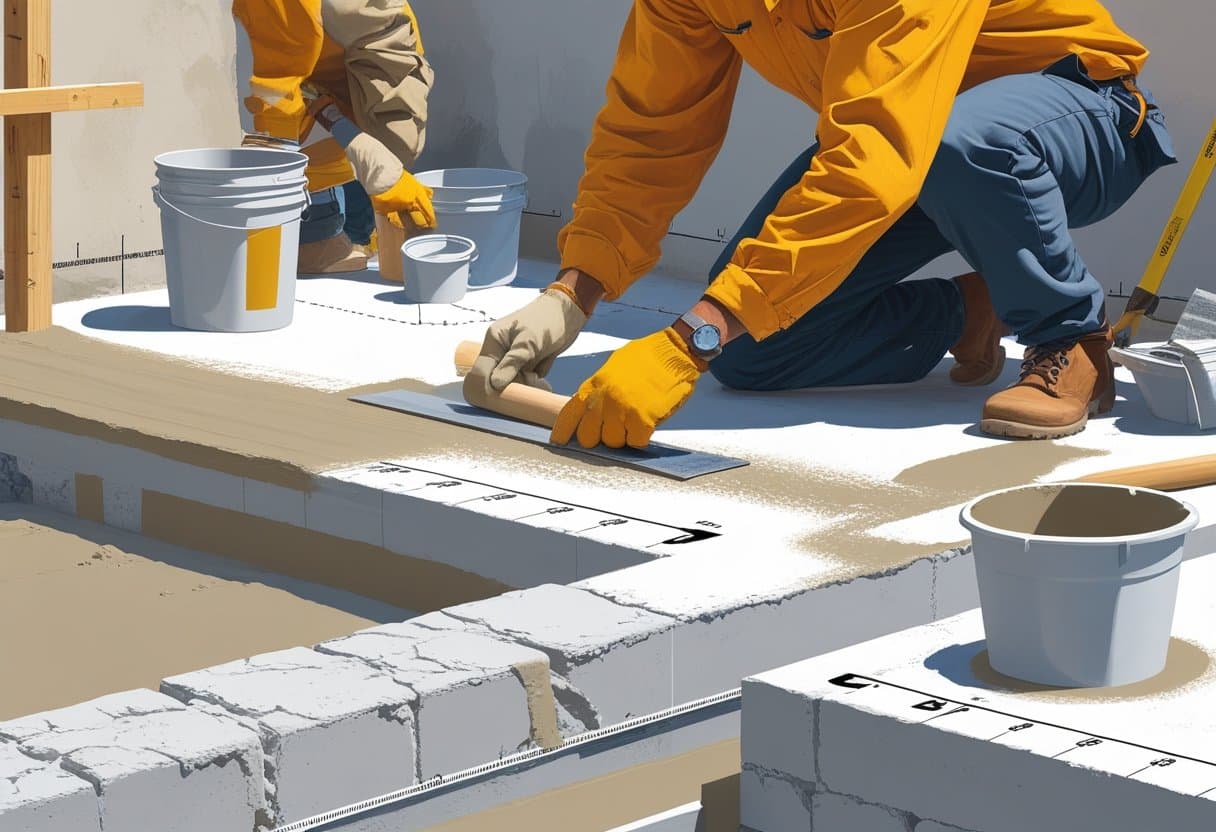 Cena de trabalhadores aplicando cimento em paredes e pisos, mostrando ferramentas e técnicas de instalação em um ambiente organizado.