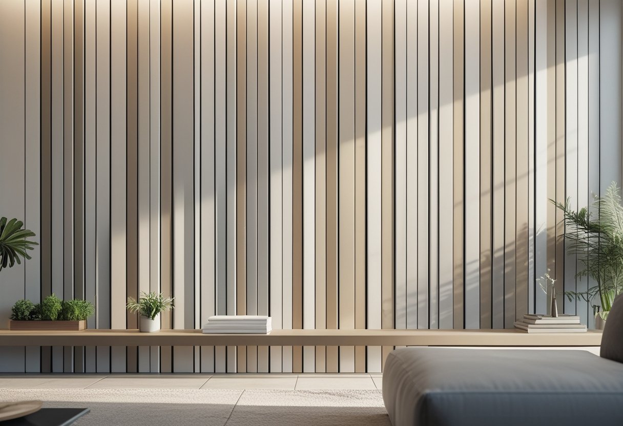 Parede interna de sala com revestimento ripado cerâmico em tons neutros, com prateleira de madeira e plantas decorativas.