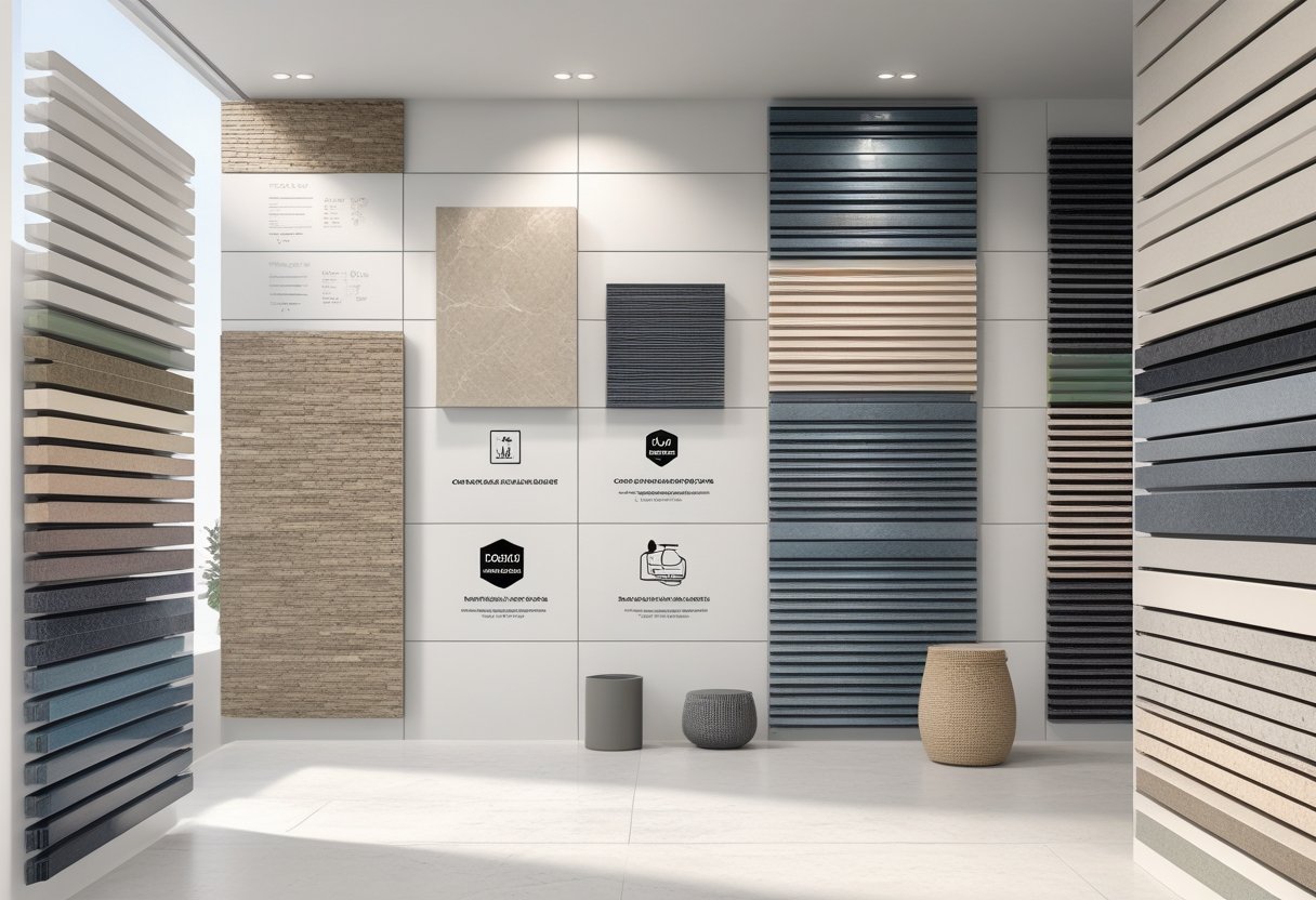 Ilustração mostrando diferentes tipos de revestimento ripado cerâmico aplicados em uma parede, com variações de textura, cor e acabamento, acompanhados de ícones que indicam dicas de uso e ambientes recomendados.