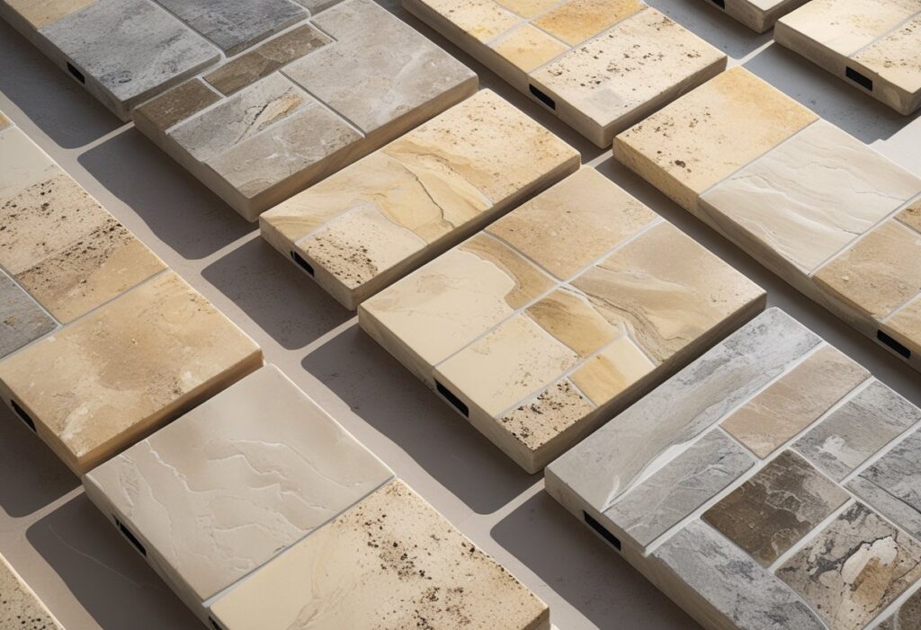 Imagem mostrando várias peças de porcelanato que imitam pedra natural, com textura e cores que lembram pedra verdadeira, dispostas em padrão organizado.