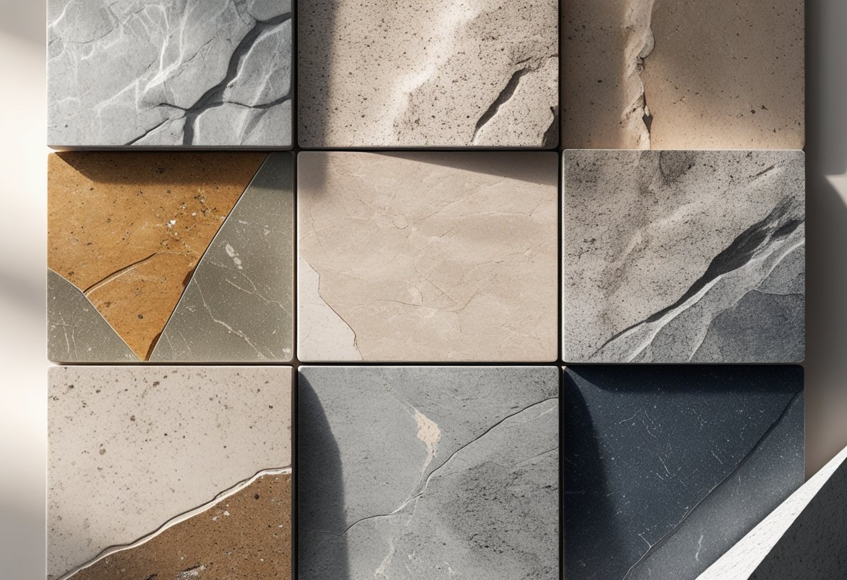 Vários azulejos de porcelanato com aparência de pedra natural, mostrando texturas e cores realistas organizados em um padrão.