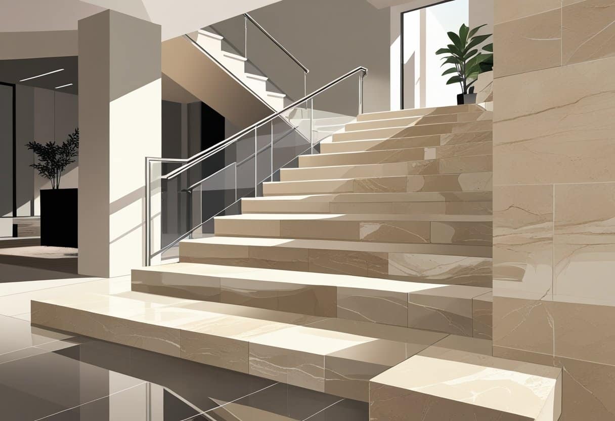 Escada interna revestida com porcelanato, mostrando degraus largos e acabamento brilhante em ambiente moderno e bem iluminado.