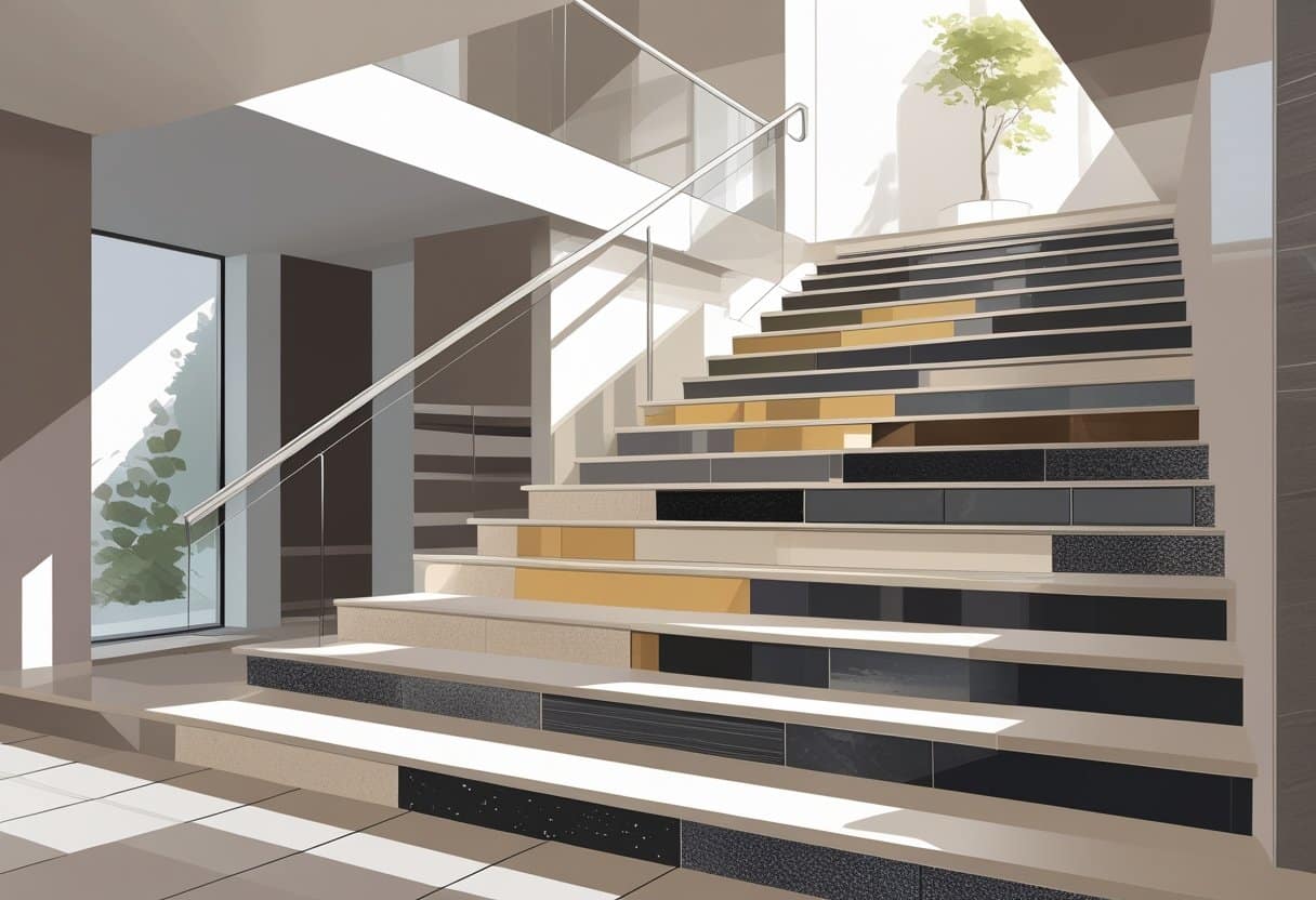Escada interna moderna com degraus revestidos por diferentes tipos de porcelanato, mostrando superfícies foscas, brilhantes e texturizadas em um ambiente claro e minimalista.