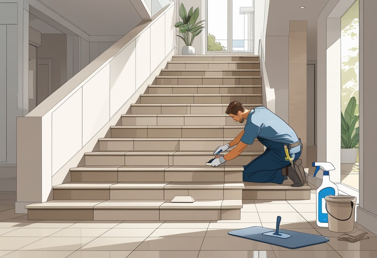 Escada interna com porcelanato sendo instalado por um profissional, mostrando ferramentas e materiais de limpeza próximos.