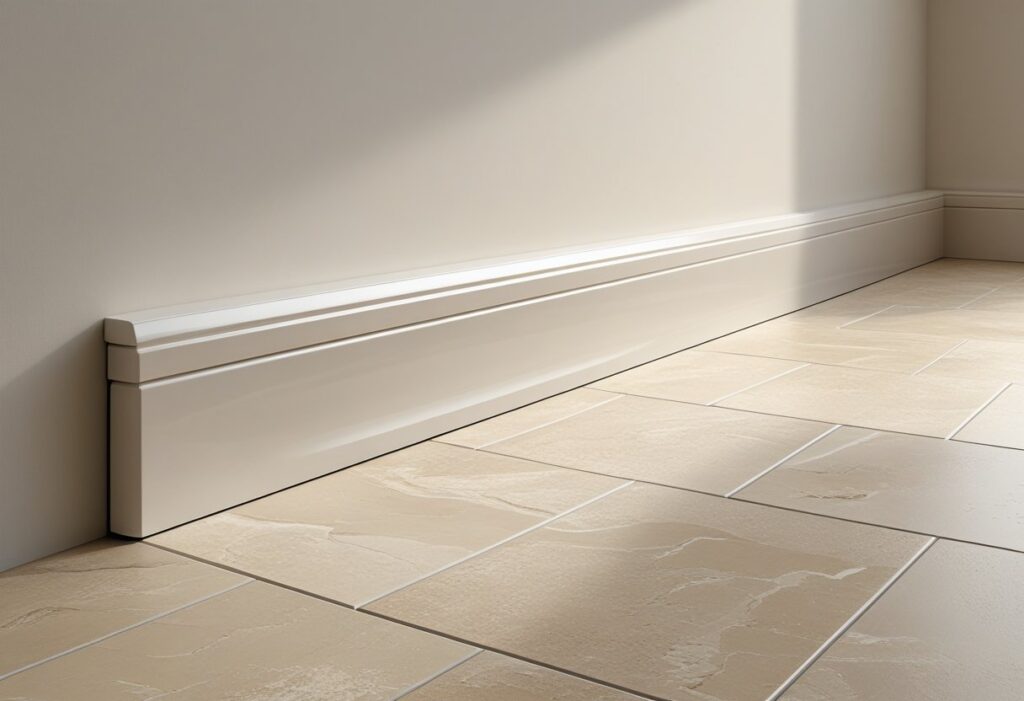 Rodapé de porcelanato instalado na base de uma parede, com piso de porcelanato adjacente em tons neutros.
