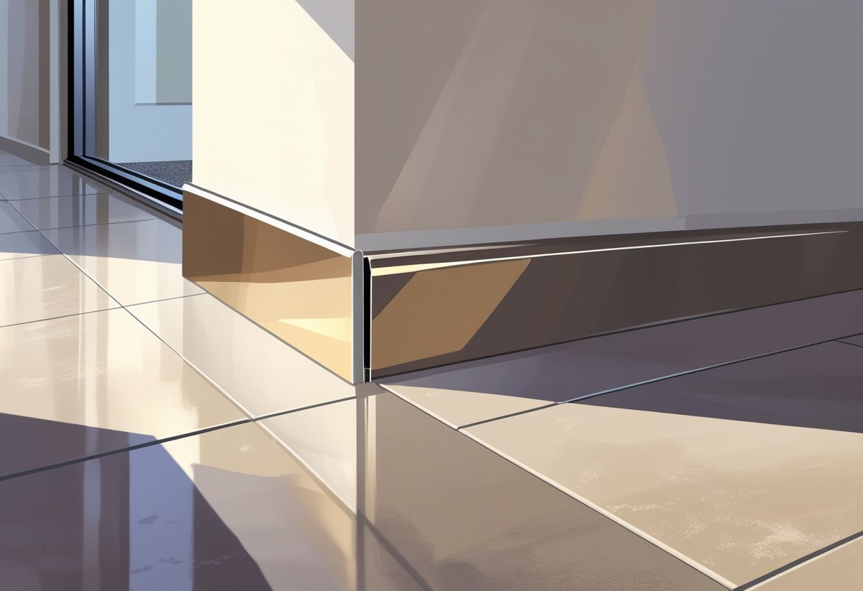 Canto interno de uma sala mostrando o rodapé de porcelanato instalado entre o piso e a parede.