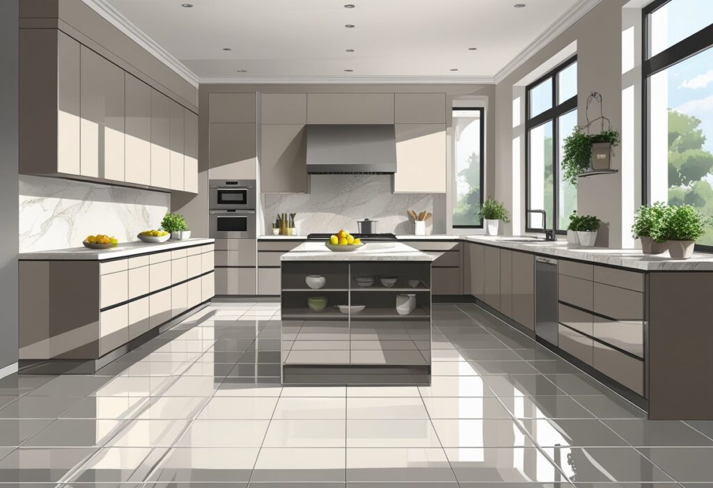 Cozinha moderna com piso de porcelanato brilhante, armários neutros, ilha central com bancada de mármore e eletrodomésticos de aço inox.