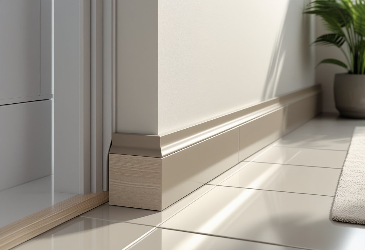 Canto de um ambiente interno mostrando o encontro entre o piso de porcelanato e o rodapé, com móveis e planta ao redor.