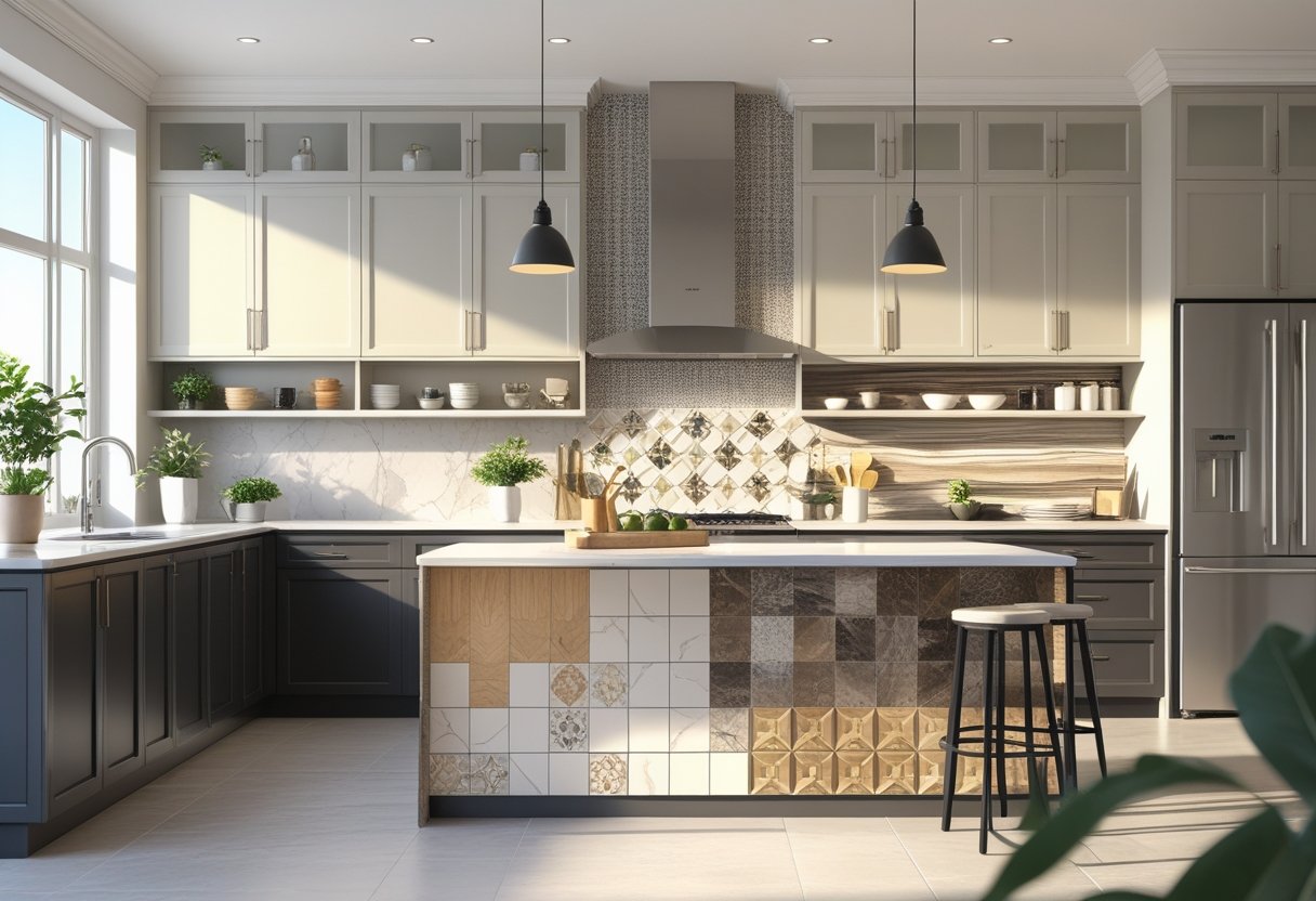 Cozinha moderna com diferentes modelos e cores de porcelanato no balcão, parede e ilha, com armários, eletrodomésticos e plantas.