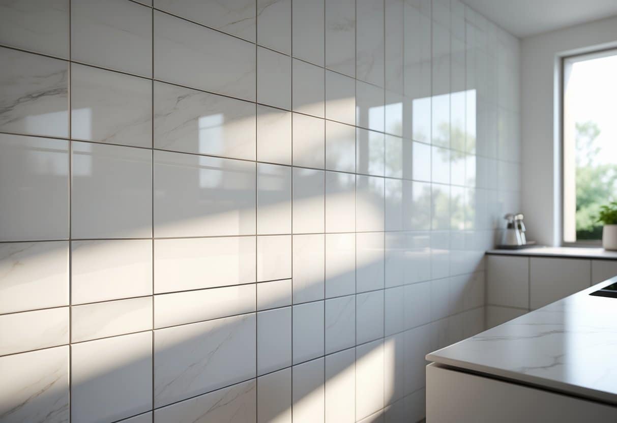 Parede de cozinha revestida completamente com porcelanato branco com textura suave, com parte da bancada e elementos de cozinha ao fundo.