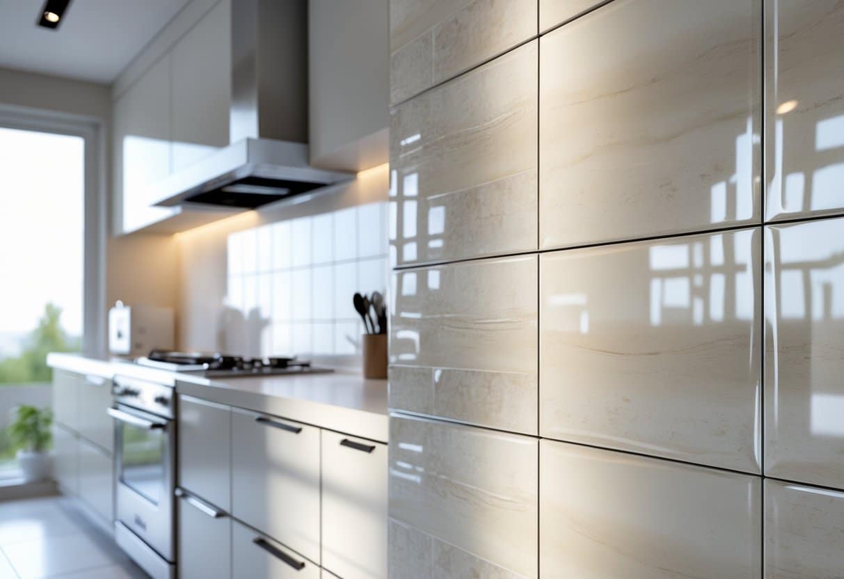 Parede de cozinha revestida com porcelanato, mostrando azulejos grandes e brilhantes em tons neutros, com bancadas e utensílios de cozinha ao redor.