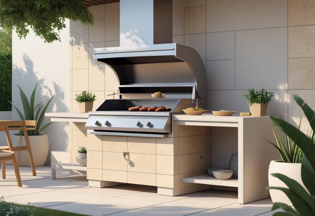 Uma churrasqueira moderna feita com porcelanato em um espaço externo com móveis ao redor e plantas.