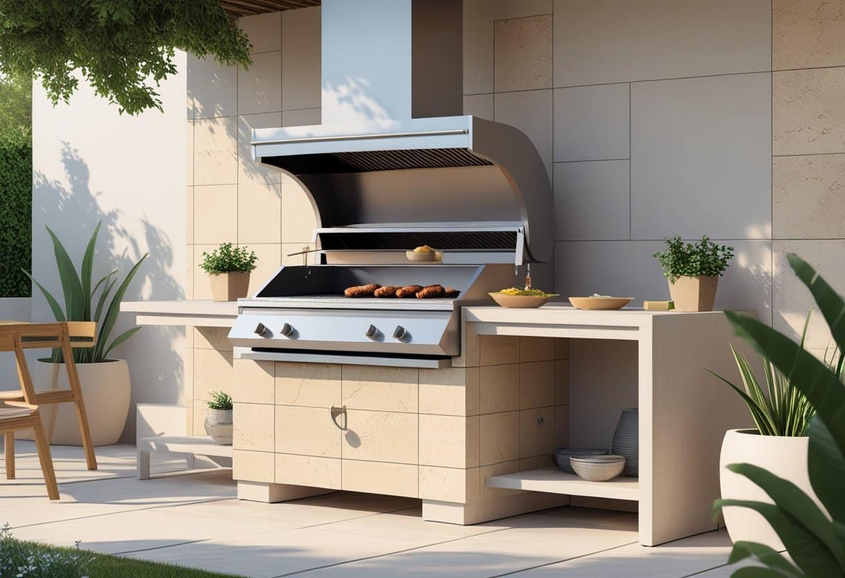 Uma churrasqueira moderna feita com porcelanato em um espaço externo com móveis ao redor e plantas.