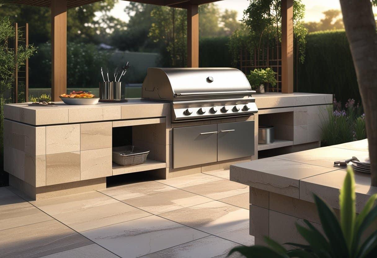 Área externa de churrasqueira com superfícies revestidas em porcelanato, mostrando o balcão e a churrasqueira em um ambiente de jardim.