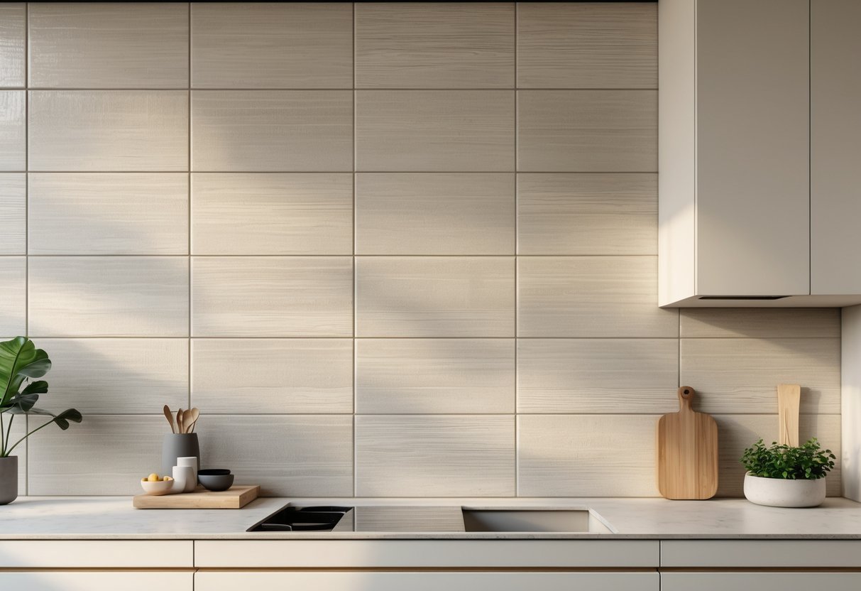 Cozinha com parede revestida de porcelanato, armários claros e bancada limpa com alguns utensílios e planta.