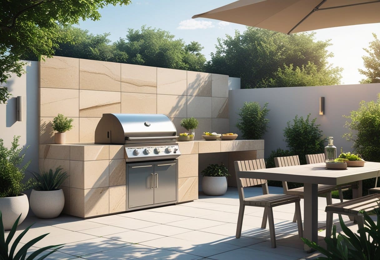 Área externa com churrasqueira feita de porcelanato, mesa de jantar e plantas ao redor em um ambiente ensolarado.