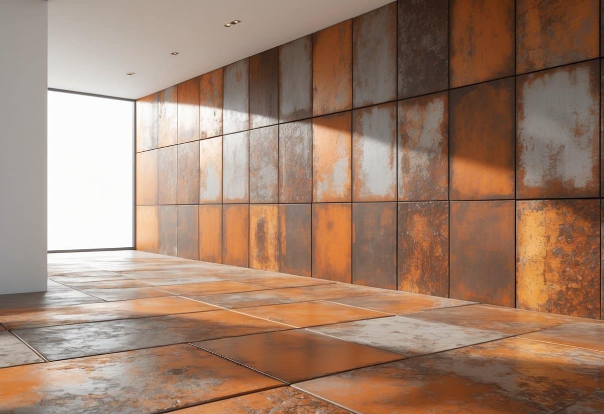 Piso e parede de uma sala moderna revestidos com porcelanato que imita aço corten, mostrando tons enferrujados e textura metálica.