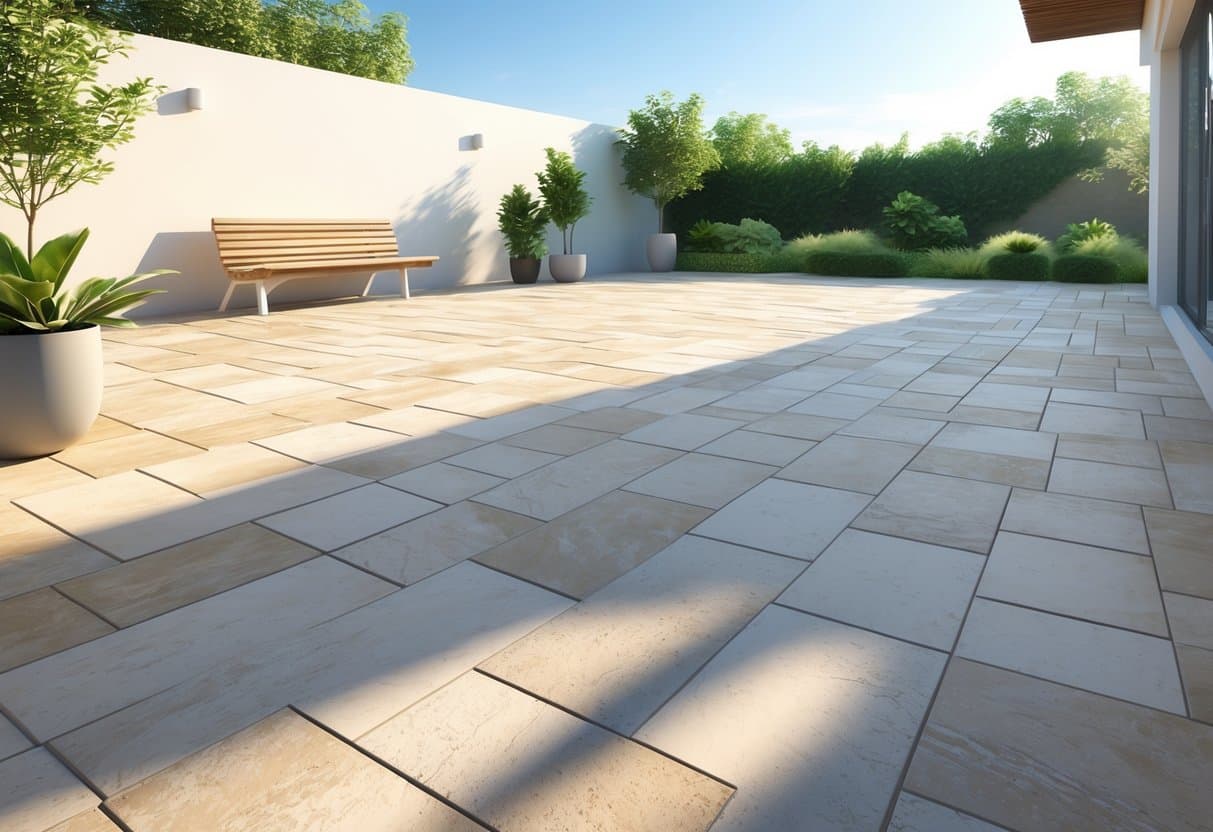 Área externa descoberta com piso de porcelanato em tons claros, bancada de madeira e plantas ao redor, sob luz natural.