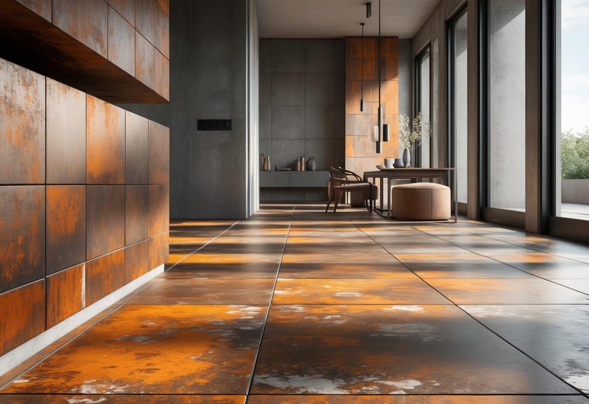 Renderização 3D de um ambiente interno com piso e paredes revestidos por porcelanato aço corten, mostrando textura metálica oxidada em tons de laranja e marrom.