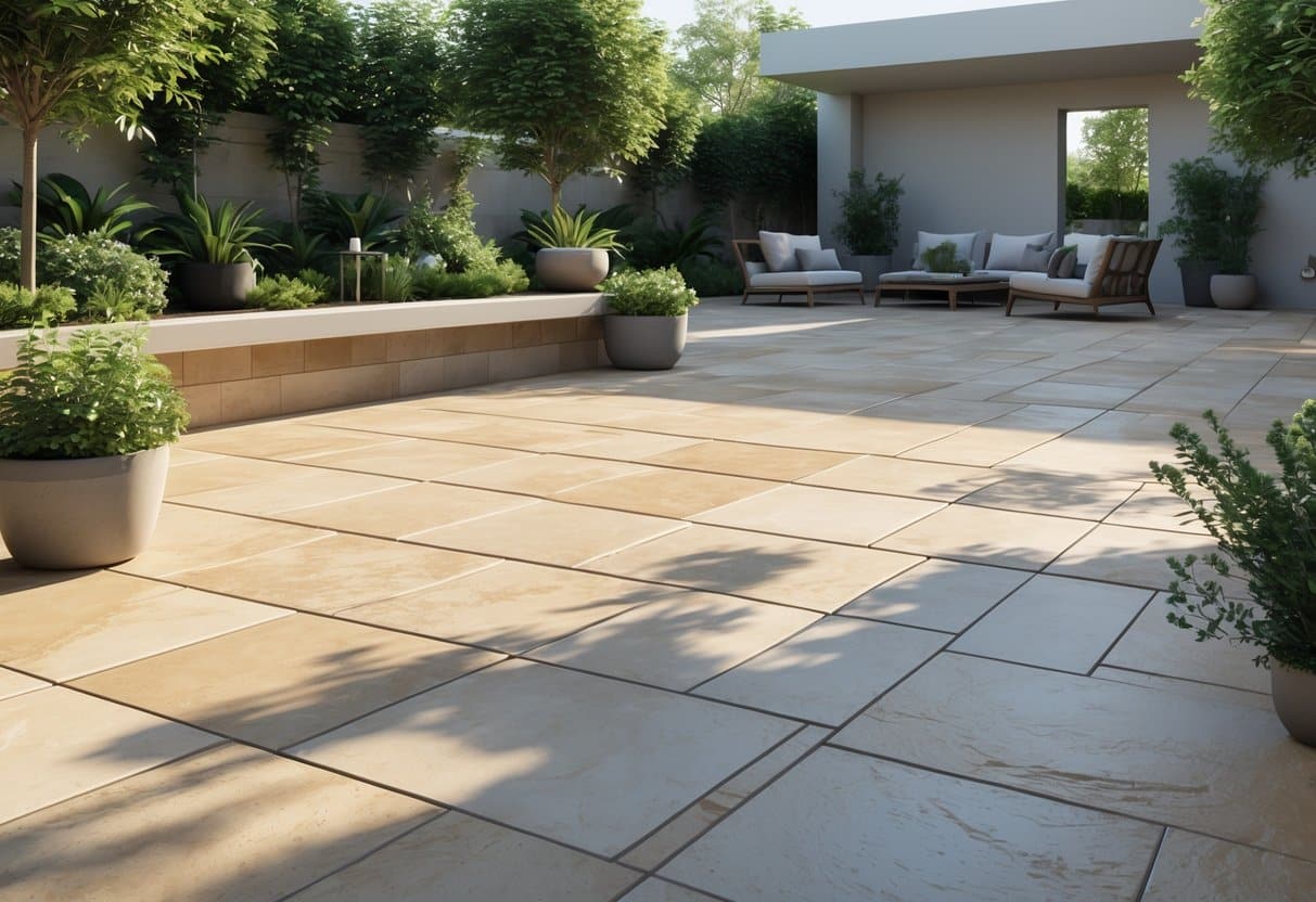 Área externa descoberta com piso de porcelanato, plantas ao redor e móveis de jardim.