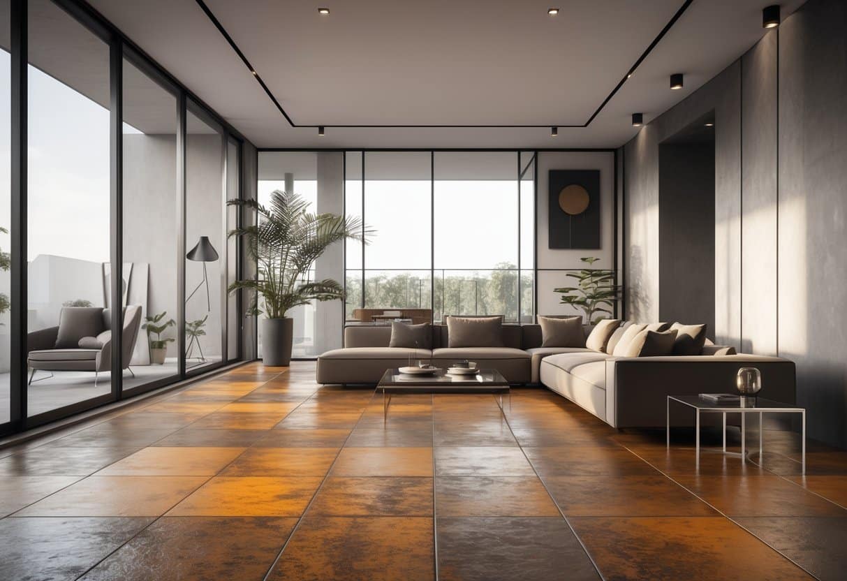 Sala de estar moderna com piso de porcelanato que imita aço corten, móveis contemporâneos e luz natural entrando pelas janelas grandes.
