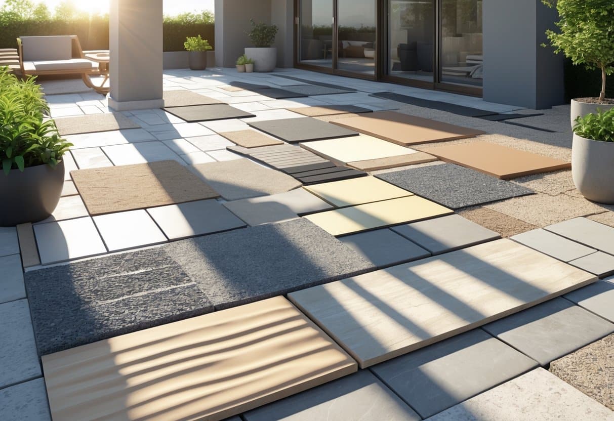 Área externa descoberta com diferentes tipos de porcelanato exibidos no chão, rodeada por plantas e móveis de madeira.