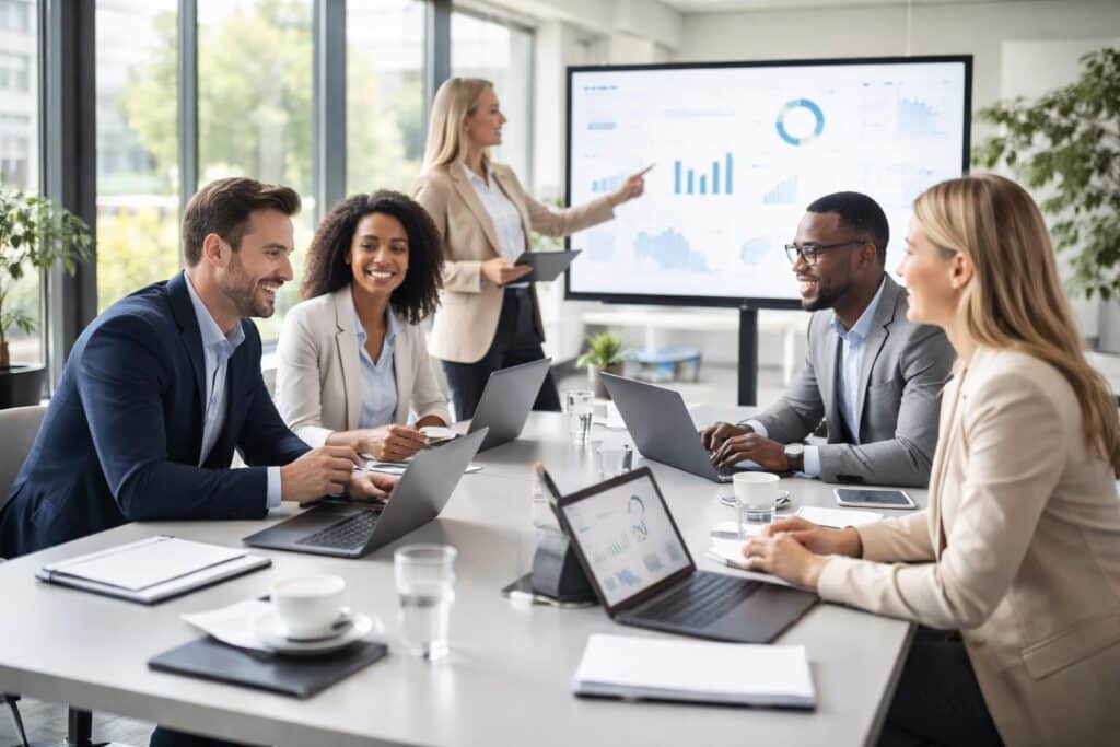 Equipe corporativa diversa reunida em uma sala de conferências moderna, colaborando em uma reunião com laptops e quadros digitais.