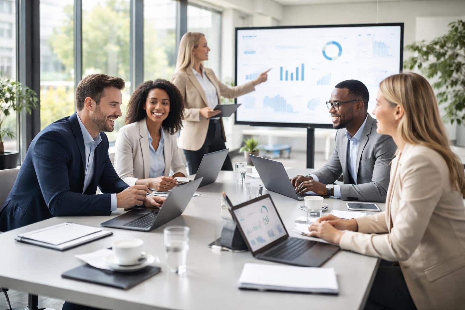 Equipe corporativa diversa reunida em uma sala de conferências moderna, colaborando em uma reunião com laptops e quadros digitais.