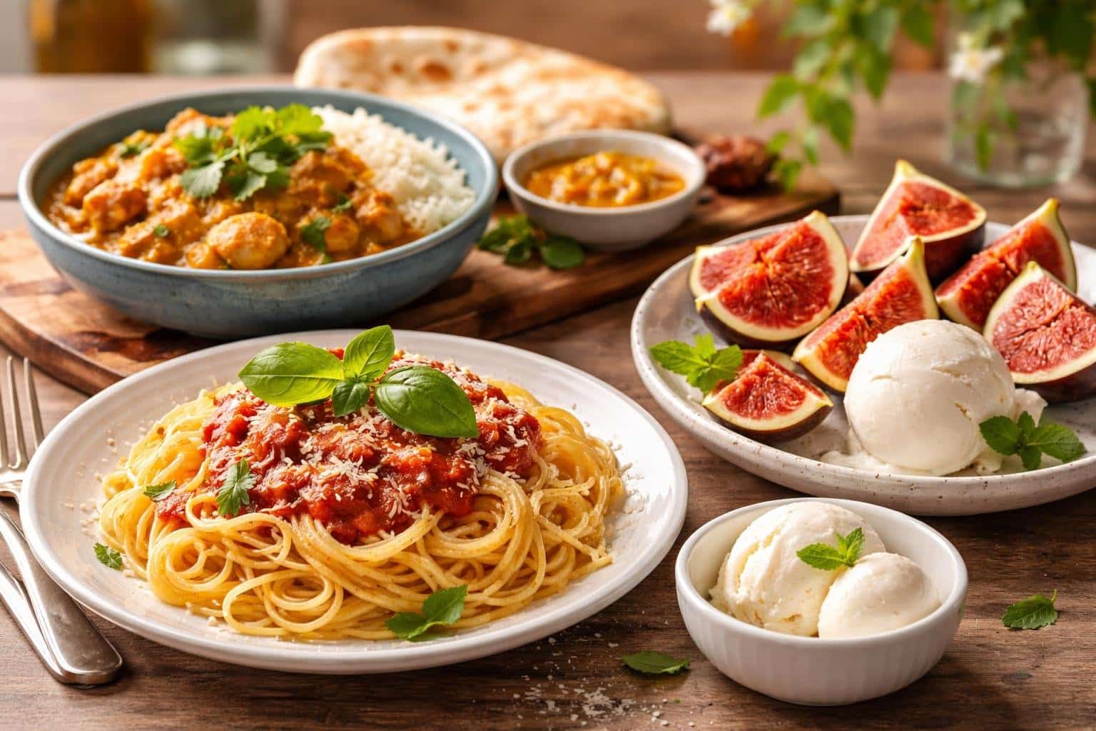 Mesa com pratos variados de comida começando com a letra I, incluindo macarrão italiano, curry indiano e figos frescos com sorvete.
