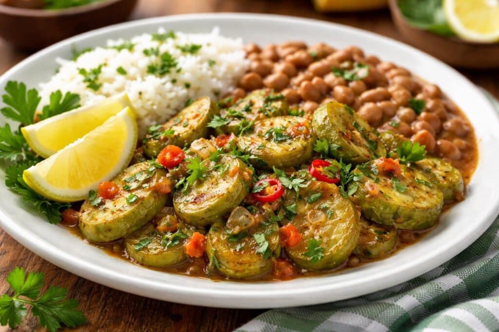 Prato de comida brasileira com jiló, arroz e feijão sobre uma mesa de madeira.