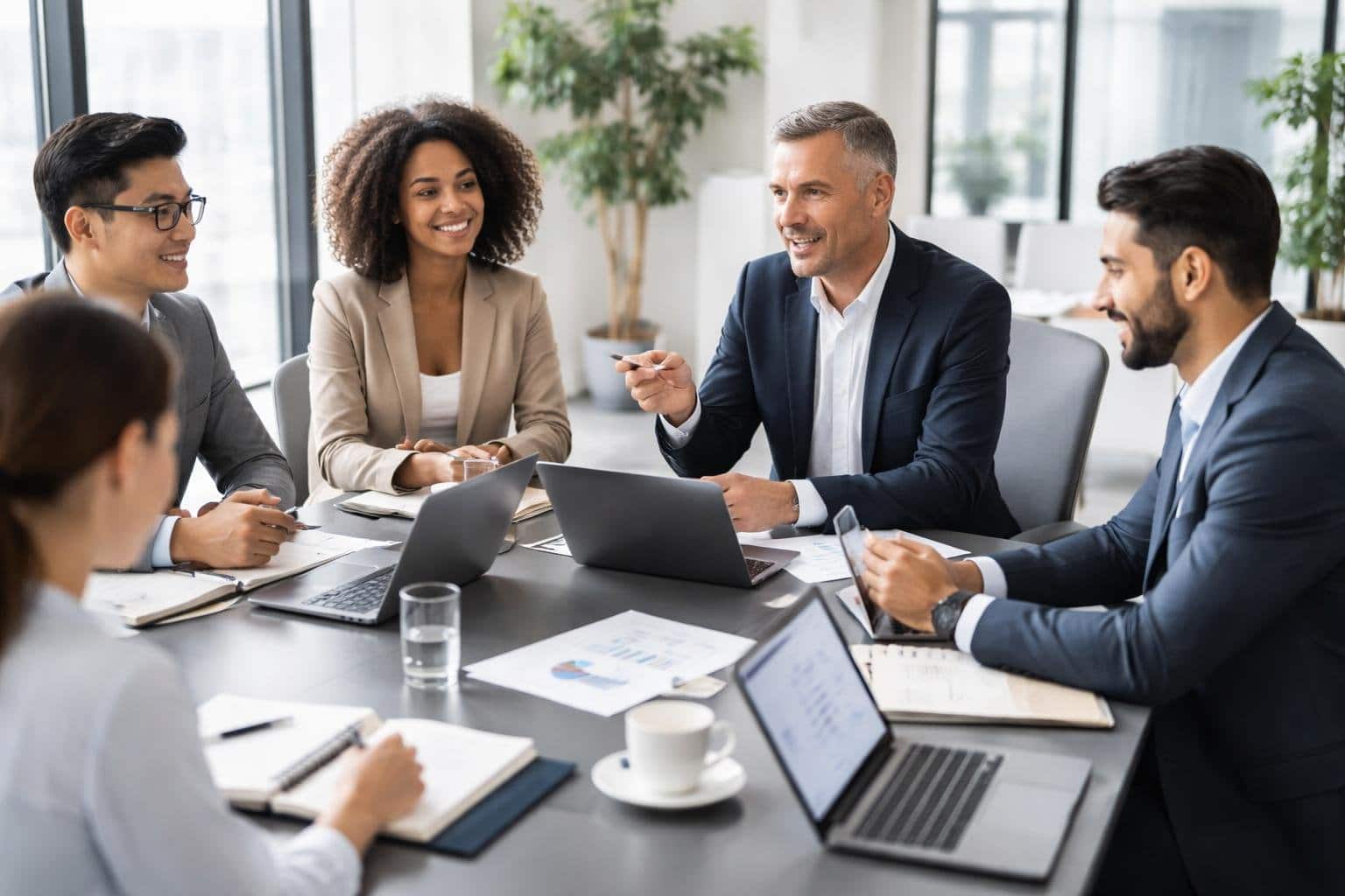 Grupo de profissionais em reunião colaborativa em um escritório moderno e iluminado.